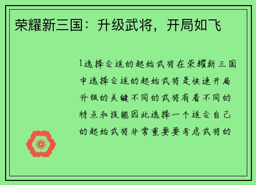 荣耀新三国：升级武将，开局如飞