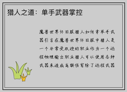 猎人之道：单手武器掌控